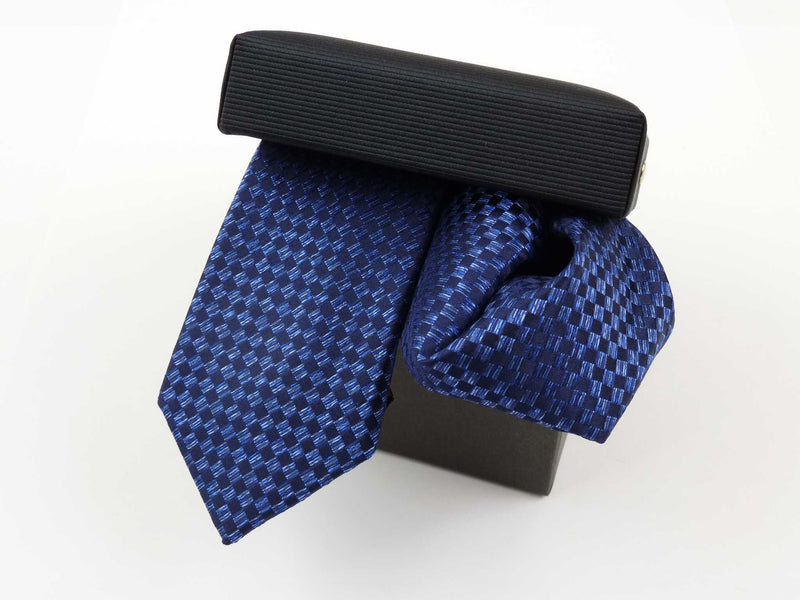 Krawatten-Set, 100% Seide, 6cm slim, Karos, Blau-Dkl.Blau