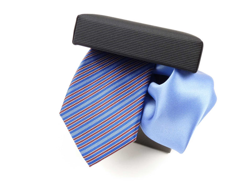 Krawatten-Set, 100% Seide, 7,5cm, Streifen, Royalblau-Rot-Weiß