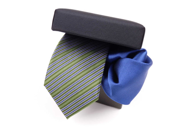 Krawatten-Set, 100% Seide, 7,5cm, Streifen, Grün-Blau-Weiß