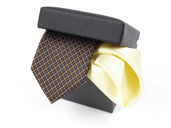 Krawatten-Set, 100% Seide, 7,5cm, Minimal, Messing-Cognac-Schwarz-Weiß