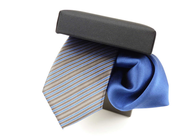 Krawatten-Set, 100% Seide, 7,5cm, Streifen, Braun-Blau-Weiß