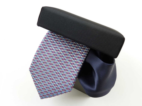 Krawatten-Set, 100% Seide, 7,5cm, Minimal, Fuchsia-Blau-Weiß